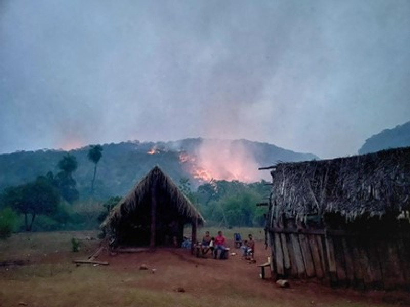 Vi ser en skogsbrand närma sig en by i Bolivia och människor som oroligt spejar mot elden.