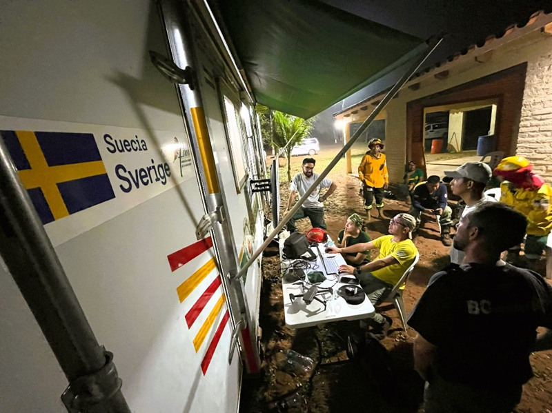 Mobil samordningscentral som Sverige bidragit till i arbetet med att bekämpa skogsbränder i Bolivia.