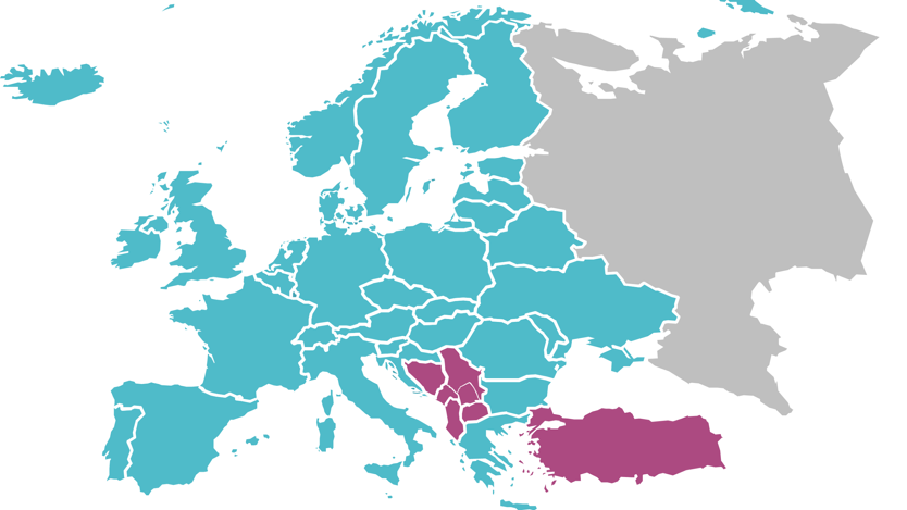 Karta där Västra Balkan är markerat: Bosnien och Hercegovina, Serbien, Montenegro, Nordmakedonien, Albanien och Turkiet.