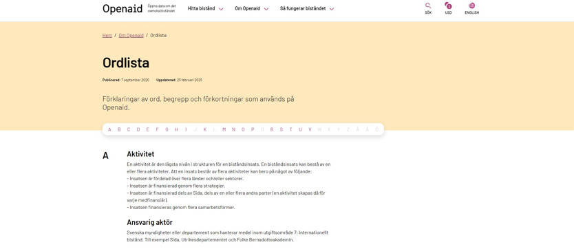 Ett foto över en sida som visar ordlista på webbplatsen Openaid.