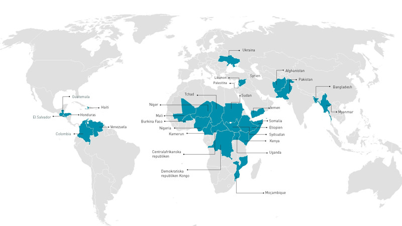En världskarta med länder i blått.