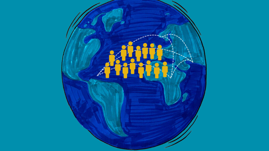 Illustration of a globe with people in yellow.