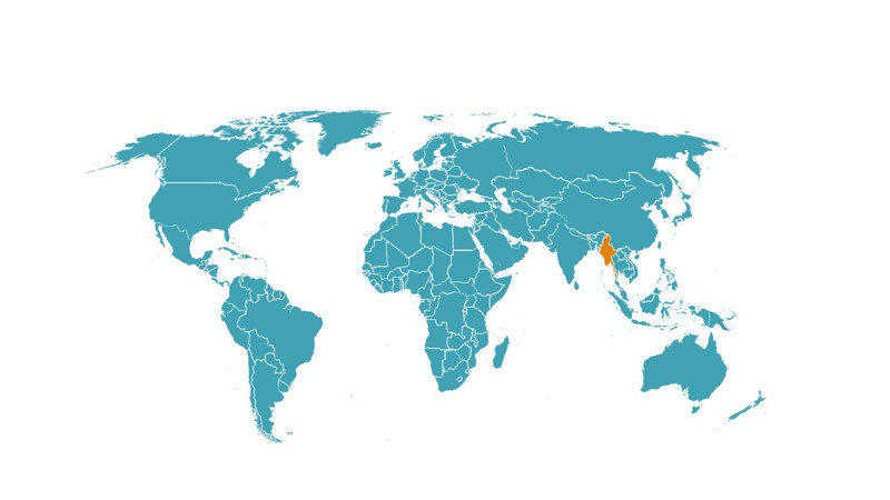 Landet Myanmar markerat på en världskarta