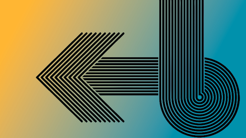 Grafisk pil som pekar till vänster mot en tonad bakgrund i blått och gult. Beskrivande text i ruta till vänster "Ny utlysning för civilsamhället"